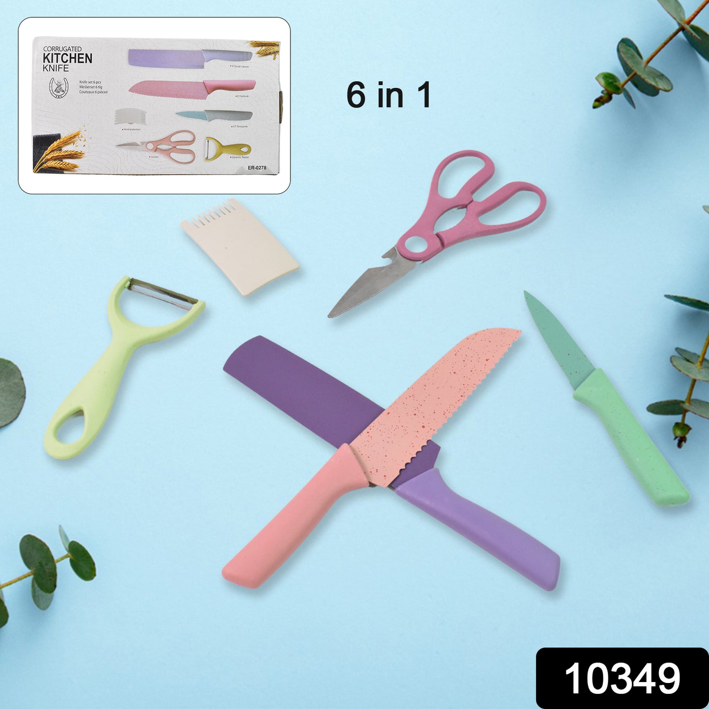 Set of six colorful Wukusy professional kitchen knives, including chef, utility, andparing knives, with vibrant handles and stainless steel blades.