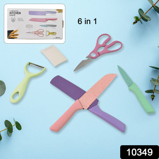 Set of six colorful Wukusy professional kitchen knives, including chef, utility, andparing knives, with vibrant handles and stainless steel blades.