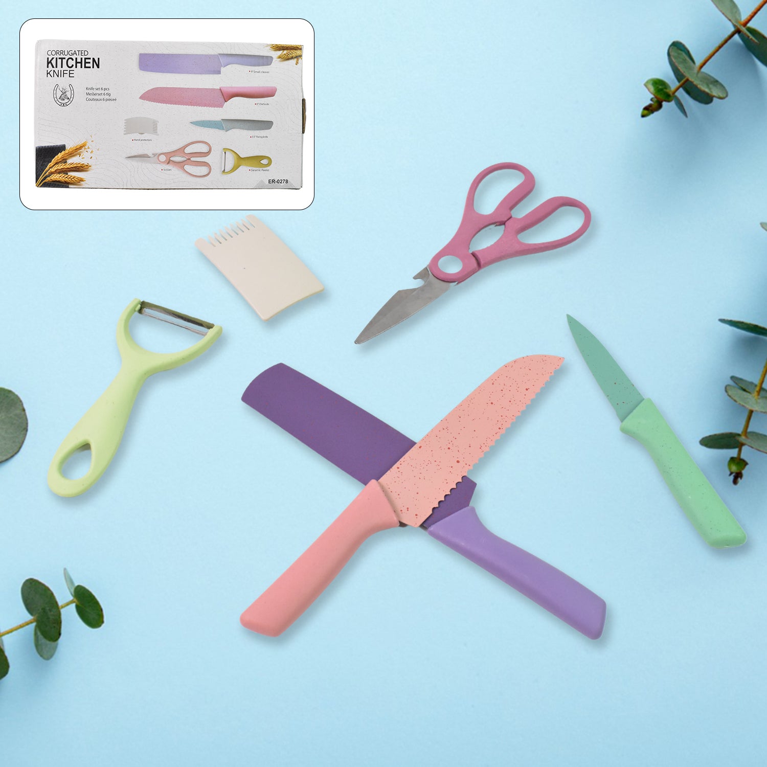 Wukusy professional colorful kitchen knives set with six vibrant blades arranged on a wooden cutting board.