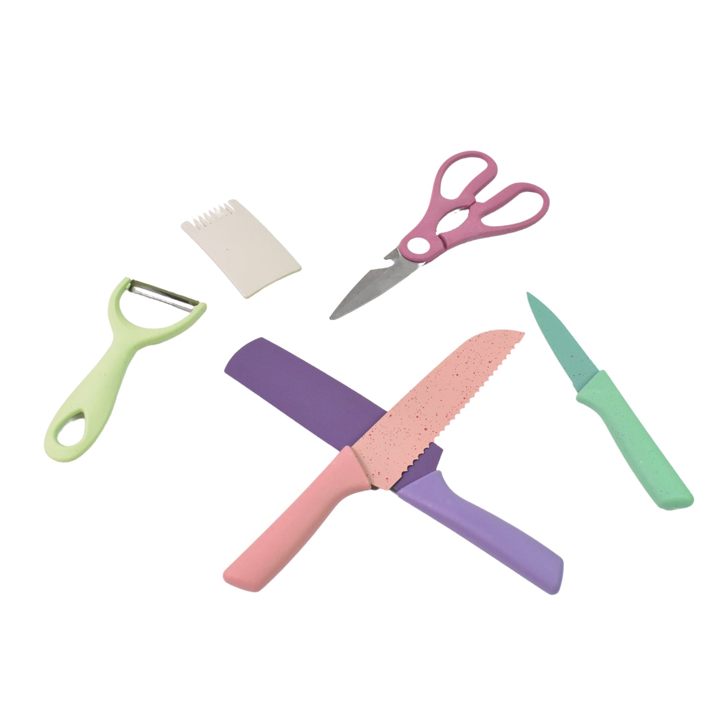 Colorful Wukusy professional kitchen knives set with six sharp, vibrant blades for home cooking and culinary tasks.