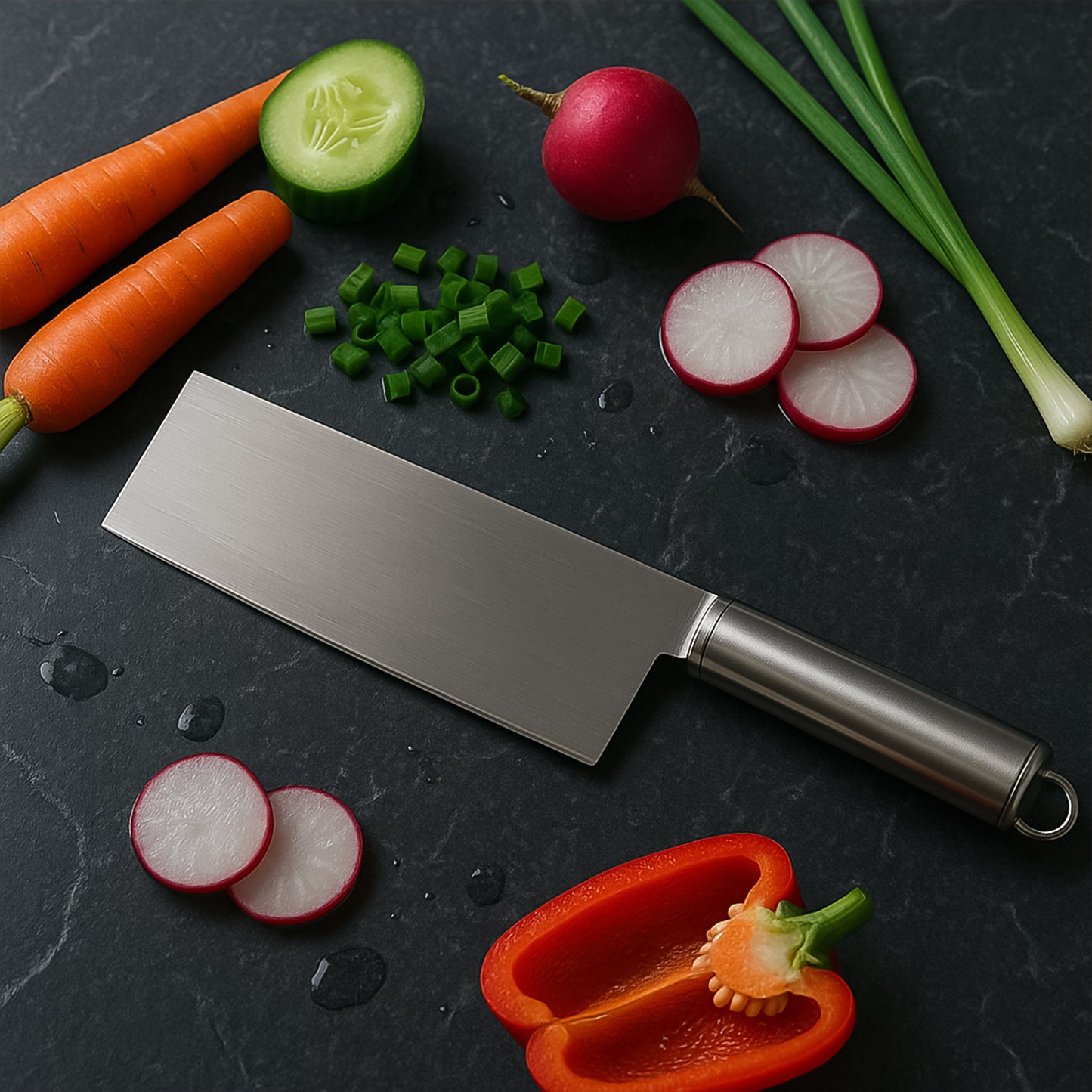 Wukusy professional stainless steel vegetable cleaver knife with wooden handle, suitable for chopping vegetables in the kitchen.