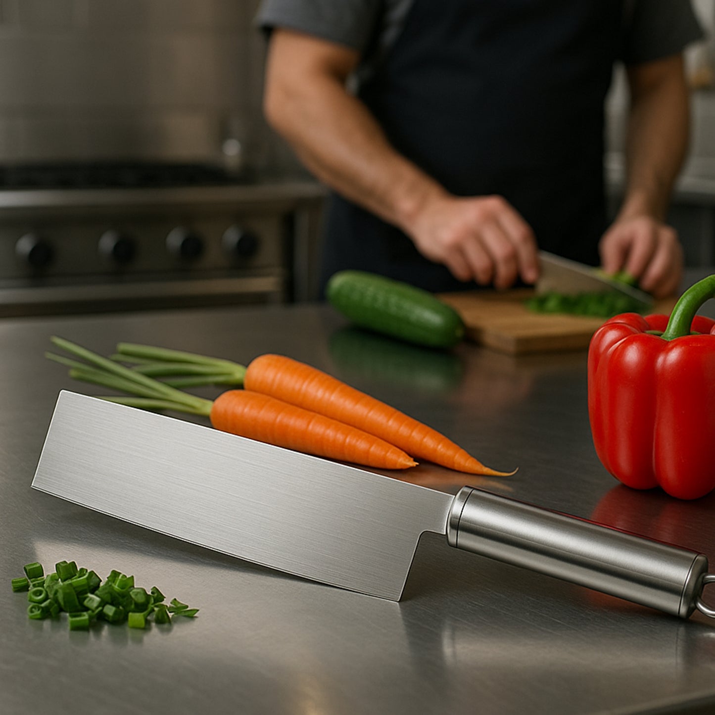 Wukusy professional-grade stainless steel vegetable cleaver knife for home and kitchen use, with a sharp blade and ergonomic handle.