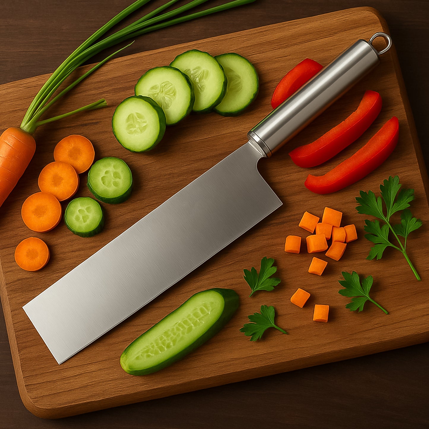 Wukusy professional-grade stainless steel vegetable cleaver knife on a wooden cutting board, showcasing its sharp blade and sturdy handle.