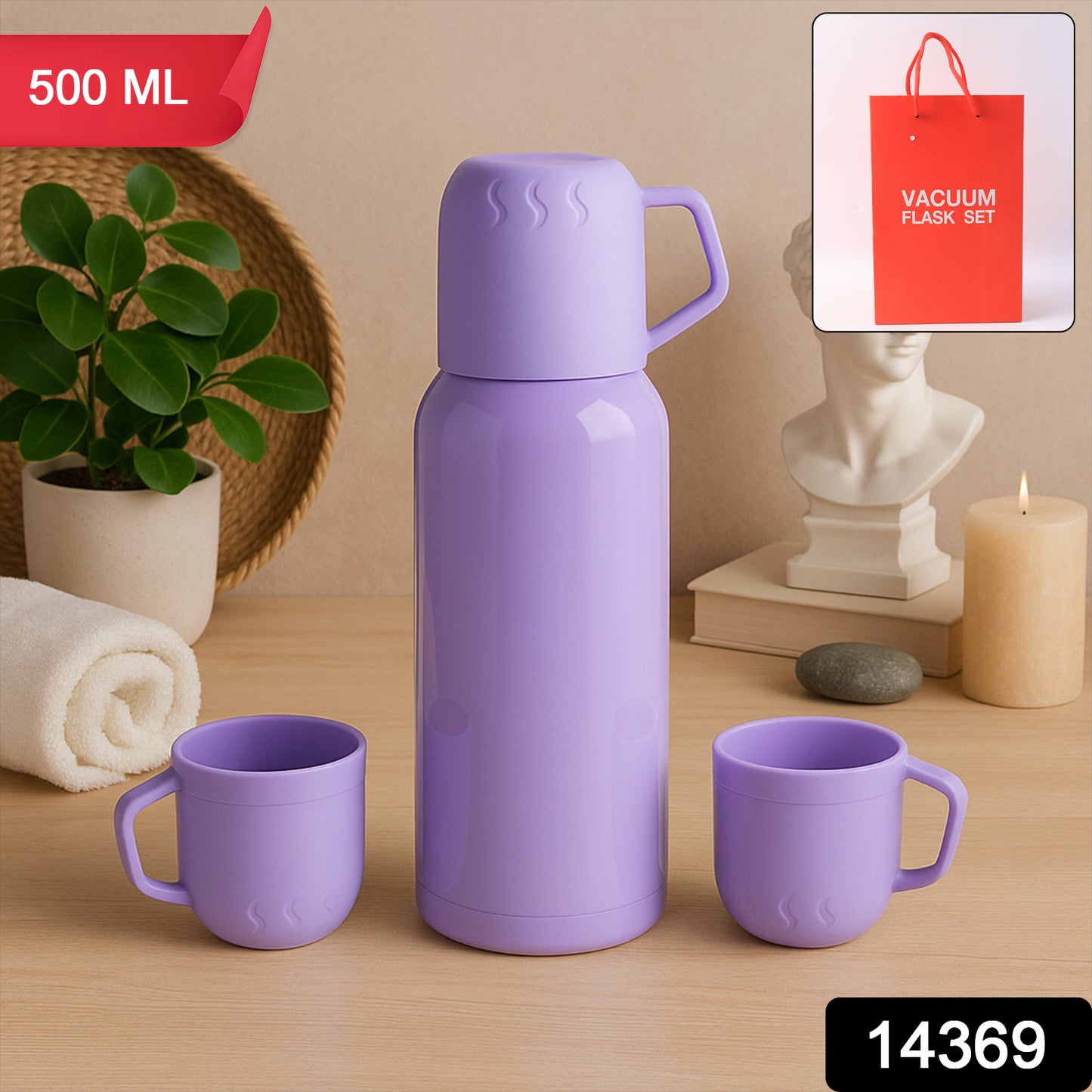 Wukusy purple vacuum flask set with stainless steel thermos and 3 cups, approximately 500ml capacity, ideal for home and kitchen use