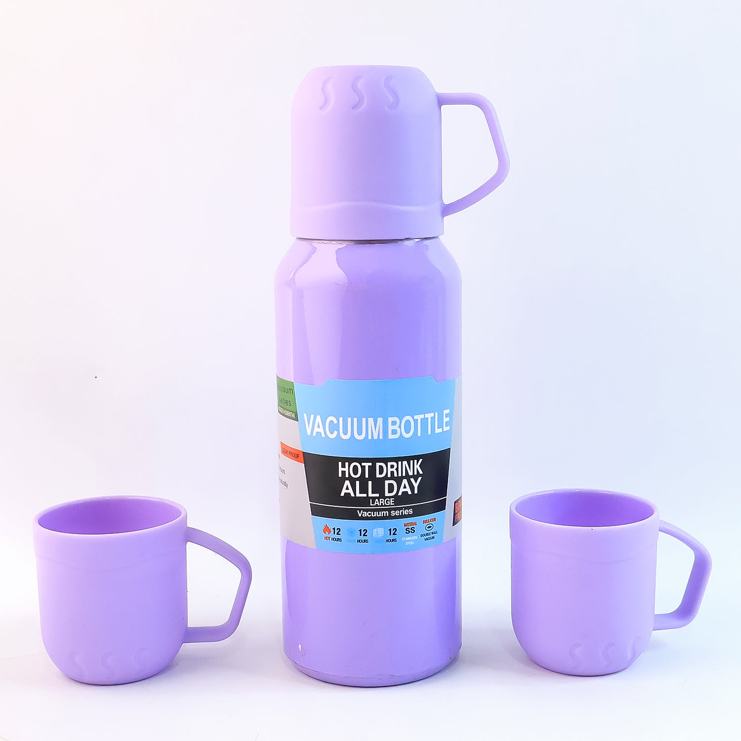 Purple Wukusy vacuum flask set with stainless steel thermos and three cups, 500ml capacity, ideal for home and kitchen use.