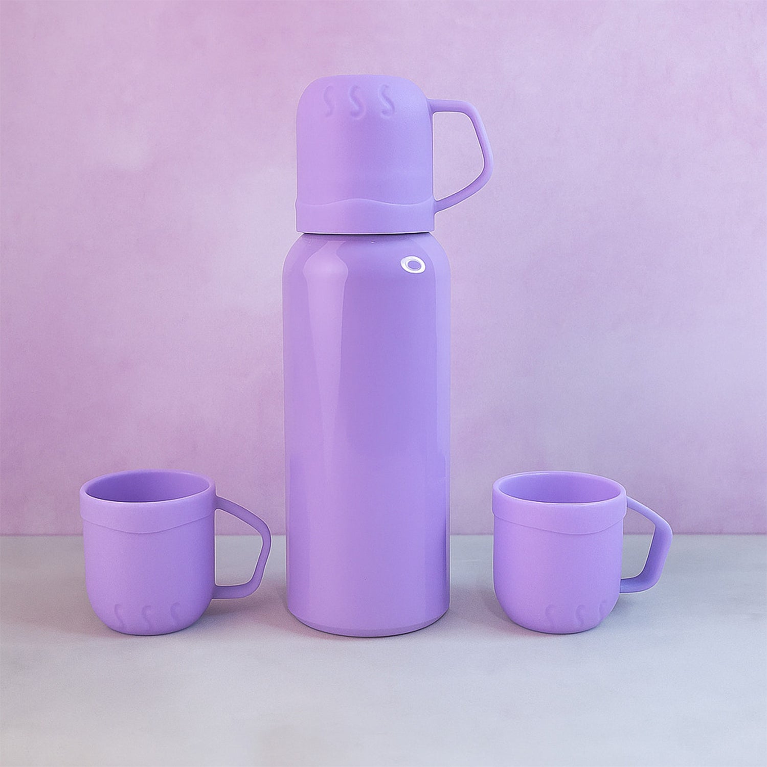 Purple Wukusy vacuum flask set with stainless steel thermos and three cups, approximately 500ml capacity for hot and cold beverages.