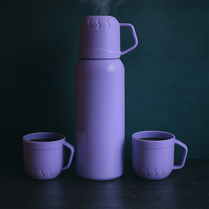 Purple Wukusy vacuum flask set with stainless steel thermos and three 500ml cups, ideal for hot and cold beverages.