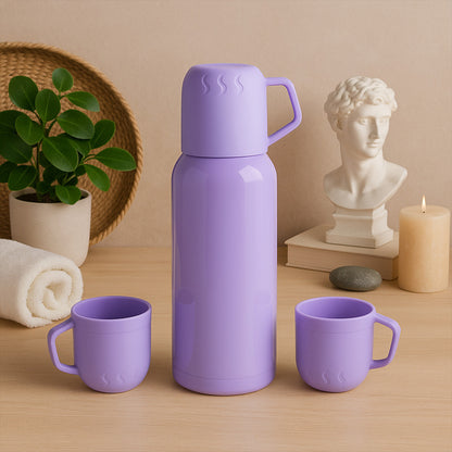 Purple vacuum flask set by Wukusy with stainless steel thermos and 3 cups, approximately 500ml capacity for home and kitchen use.