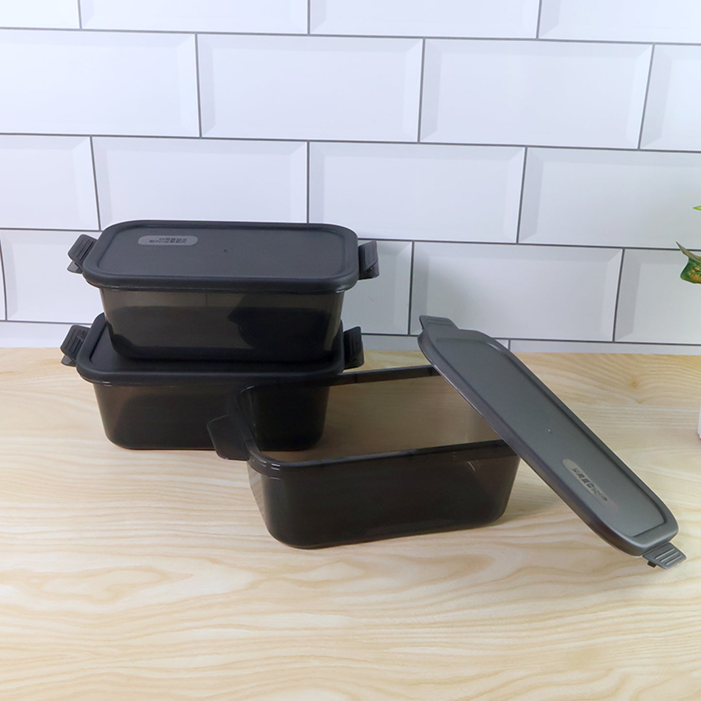 Wukusy rectangular food storage containers set of three, BPA-free plastic with secure lids for kitchen organization and freshness.