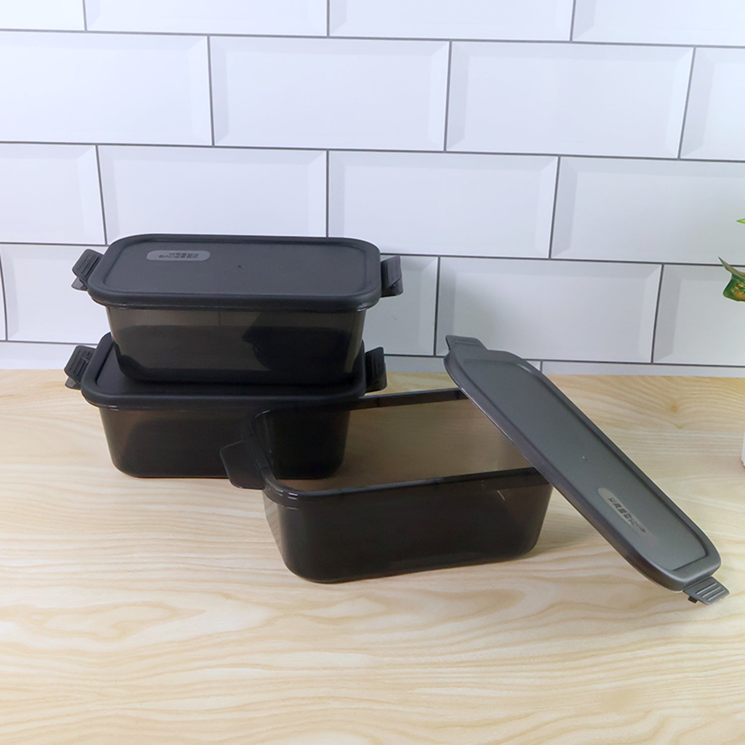 Wukusy rectangular food storage containers set of three, BPA-free plastic with secure lids for kitchen organization and freshness.