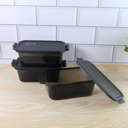 Wukusy rectangular food storage containers set of three, BPA-free plastic with secure lids for kitchen organization and freshness.