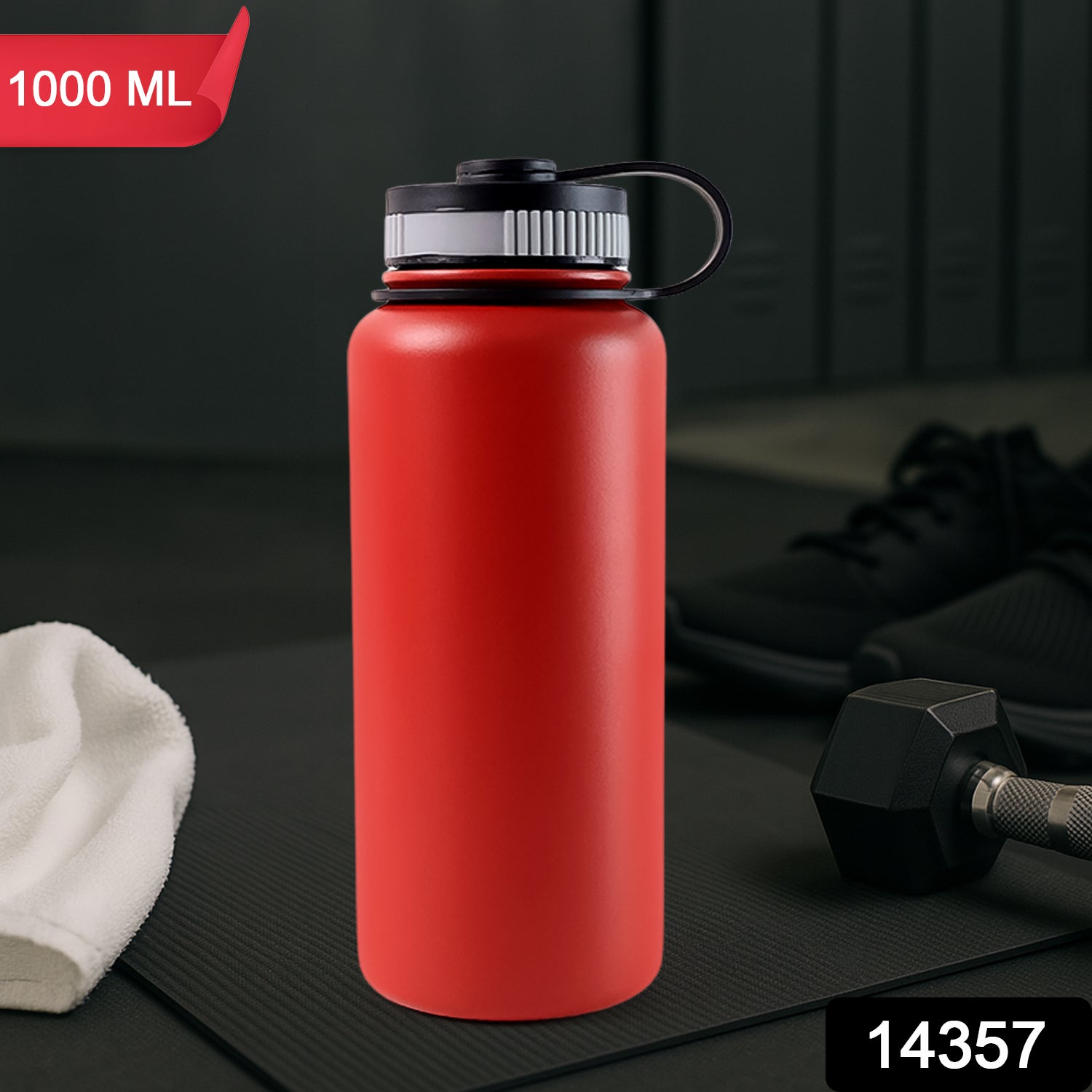 Red stainless steel Wukusy double wall vacuum-insulated water bottle, 1000 ml, for hot and cold beverages.