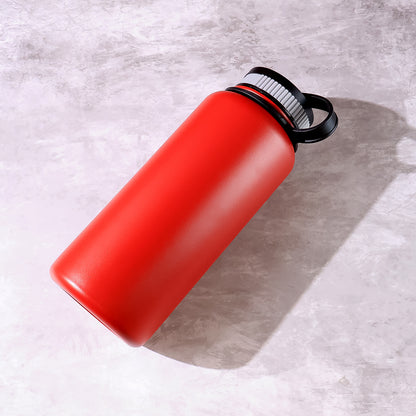 Red stainless steel Wukusy double wall vacuum-insulated 1000ml water bottle for hot and cold drinks in home and kitchen use.