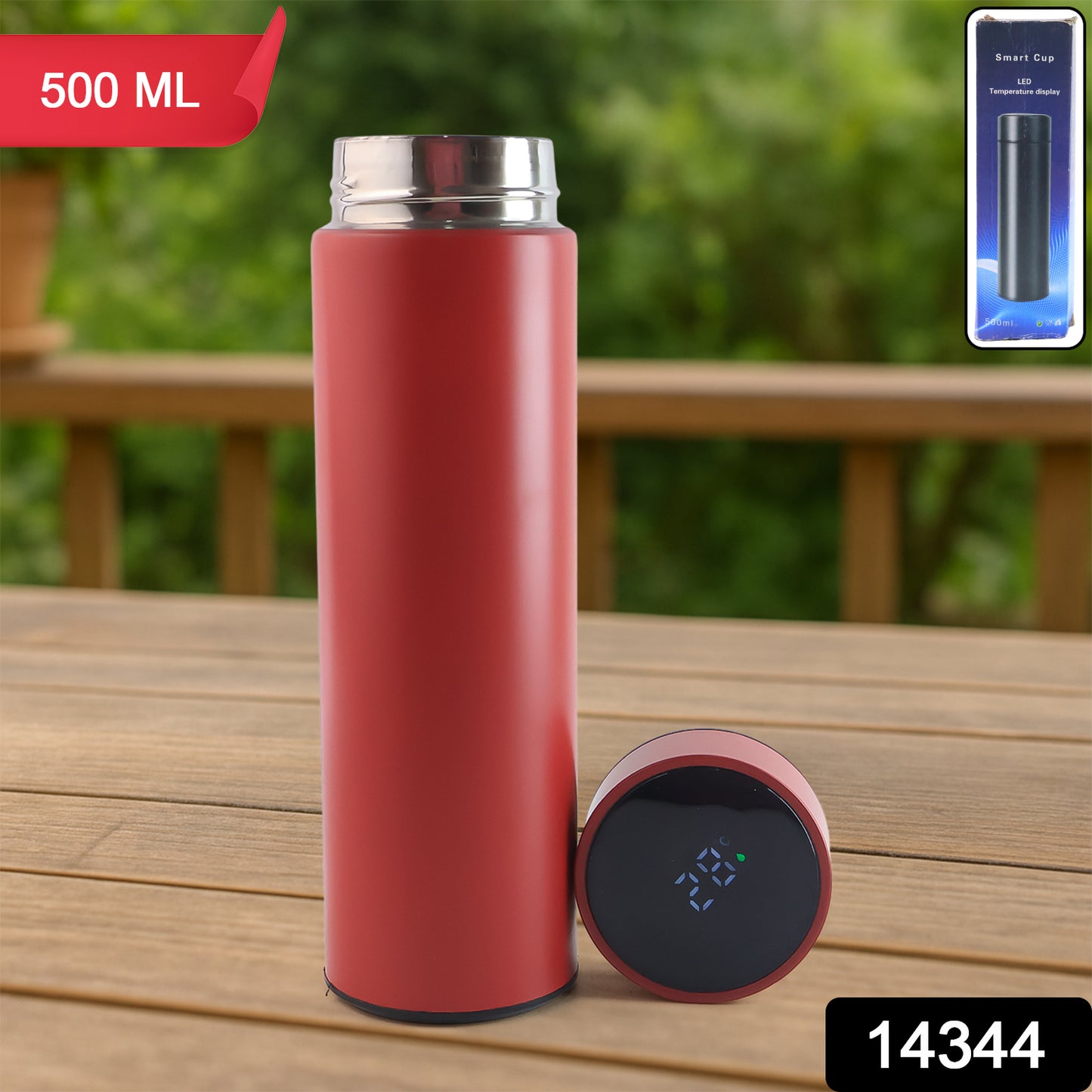 Red vacuum insulated water bottle by Wukusy, 500ml capacity, sleek design for keeping drinks hot or cold.