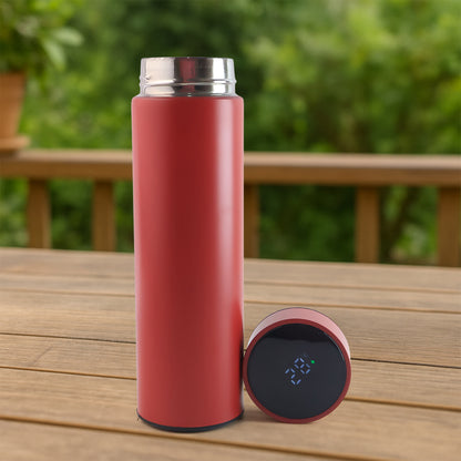 Red vacuum insulated water bottle by Wukusy, 500ml capacity, designed for hot and cold beverages, in a sleek home and kitchen style.