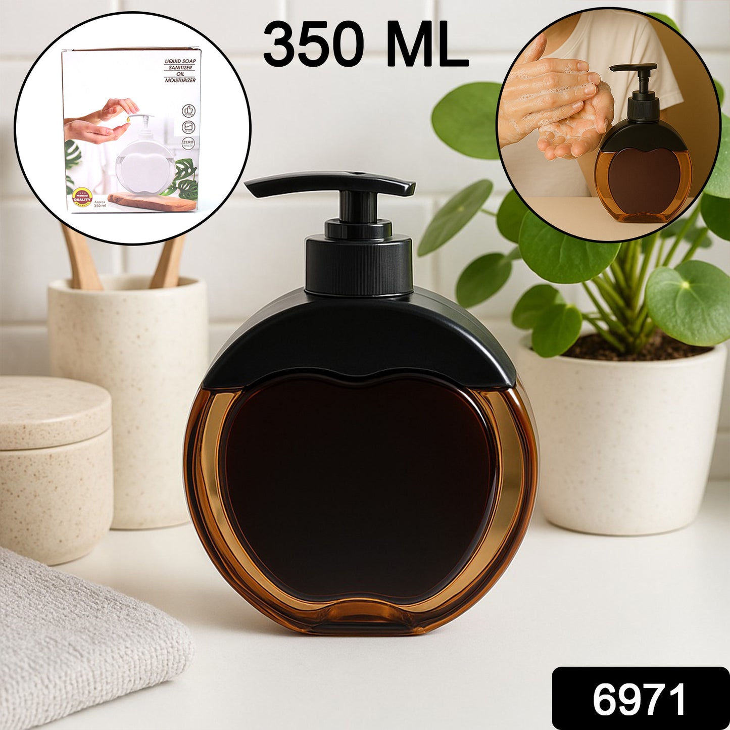 Refillable liquid soap dispenser from Wukusy, 350 ml capacity, with a sleek pump and transparent container for kitchen or bathroom use.