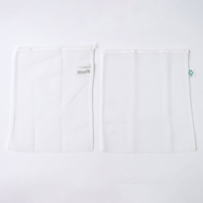 Set of two Wukusy reusable mesh produce bags for shopping and storage, lightweight and breathable for fresh fruits and vegetables.