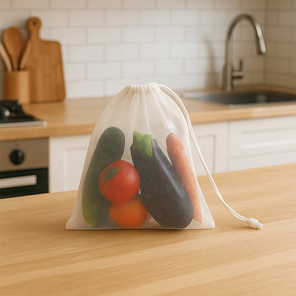 Two Wukusy reusable mesh produce bags for shopping and storage, made from lightweight breathable material for eco-friendly use.