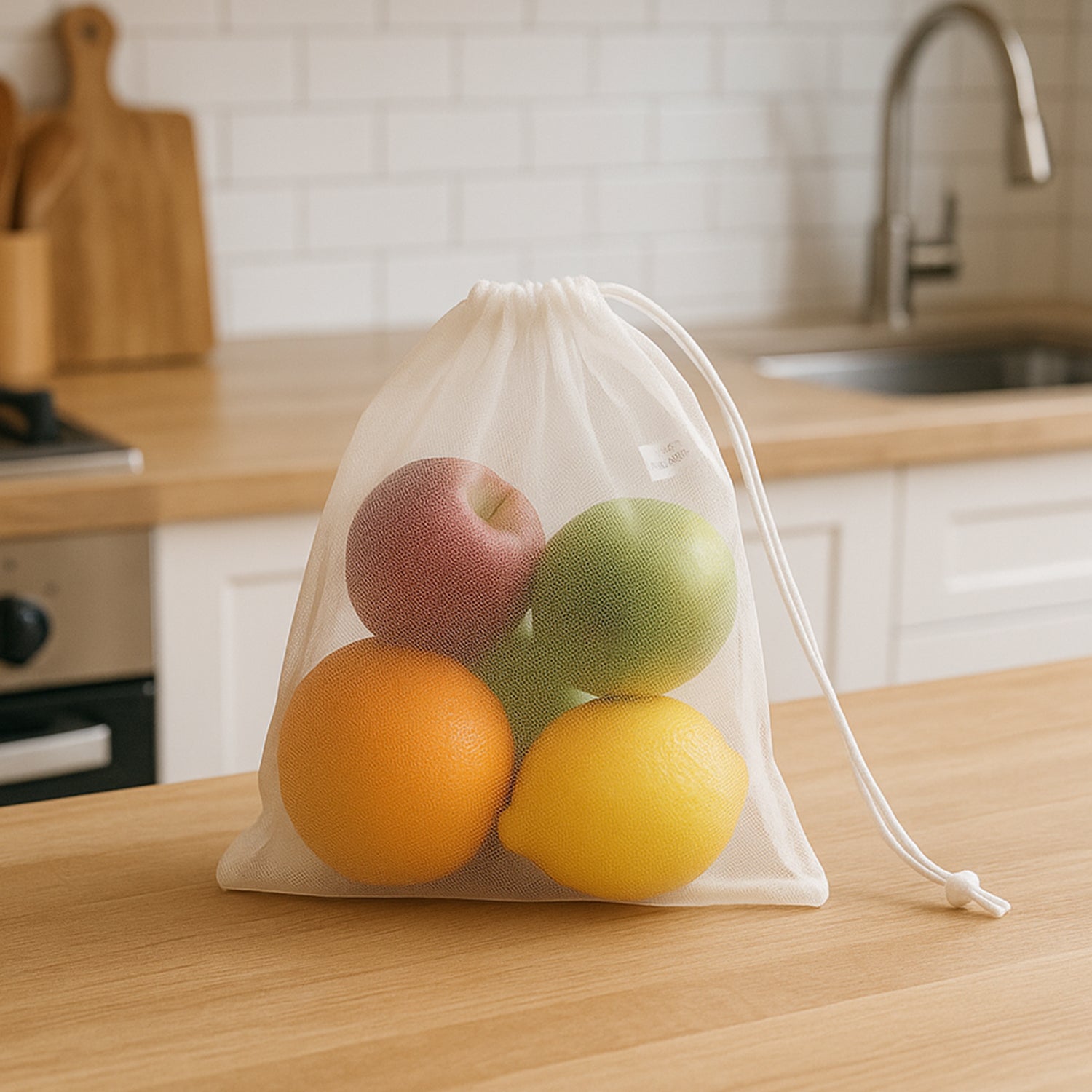Wukusy reusable mesh produce bags set of 2 for grocery shopping, breathable and eco-friendly for fruits and vegetables.