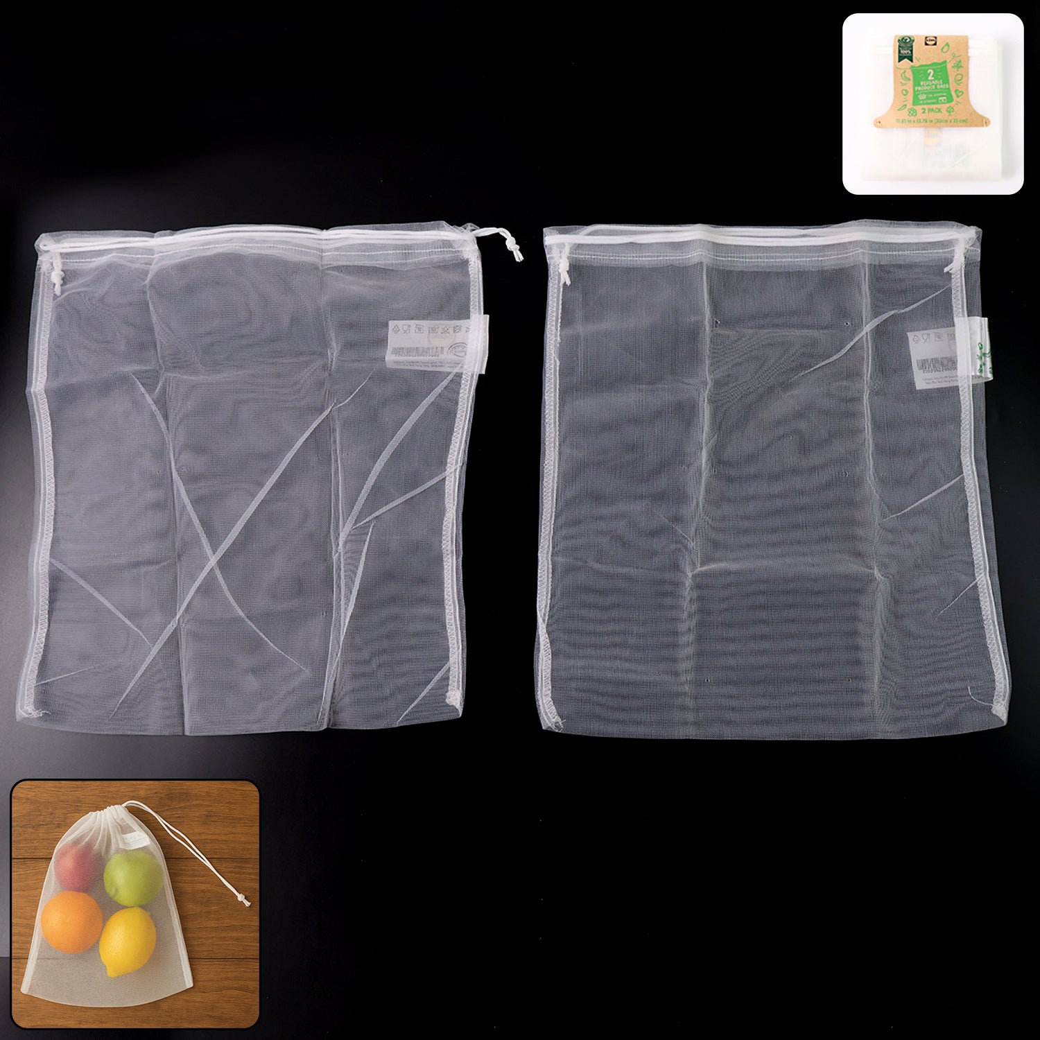 Two reusable mesh produce bags from Wukusy, eco-friendly home and kitchen storage for fruits and vegetables.