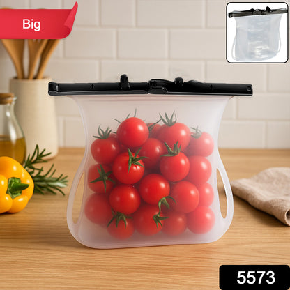 Wukusy reusable silicone food storage bag with leakproof lock, flat bottom design, ideal for snacks, freezer, microwave, and dishwasher.