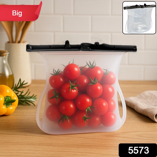 Wukusy reusable silicone food storage bag with leakproof lock, flat bottom design, ideal for snacks, freezer, microwave, and dishwasher.