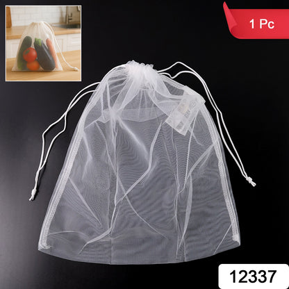 Reusable transparent mesh storage bag with drawstring closure, ideal for home and kitchen organization by Wukusy.