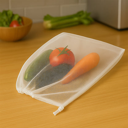 Reusable transparent mesh storage bag with drawstring closure, ideal for home and kitchen organization by Wukusy.