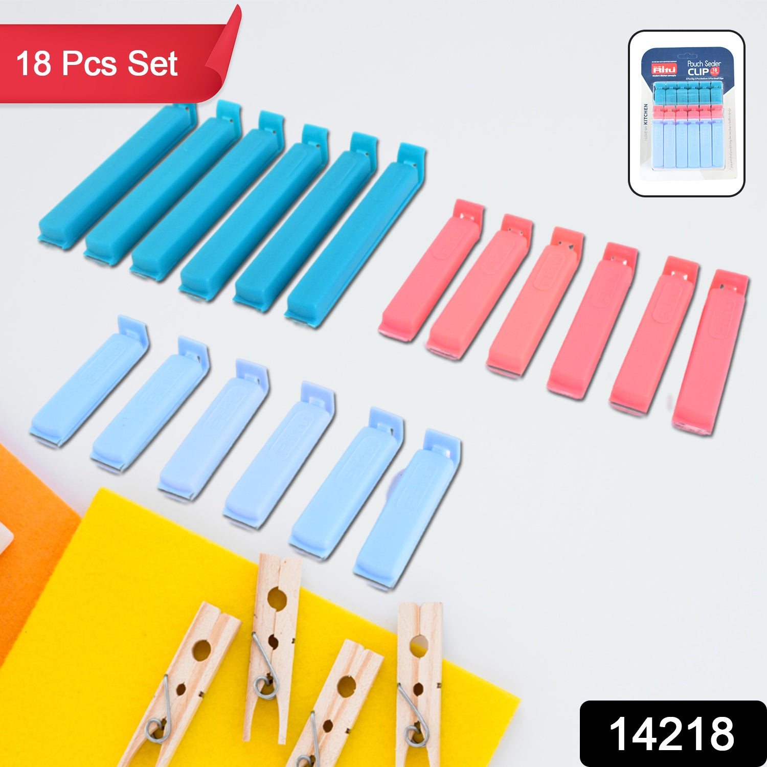 Wukusy Ritu 18-piece plastic pouch sealer clip set for sealing food storage bags in home and kitchen use.