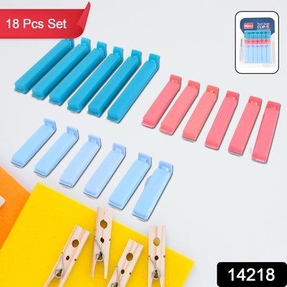 Wukusy Ritu 18-piece plastic pouch sealer clip set for sealing food storage bags in home and kitchen use.