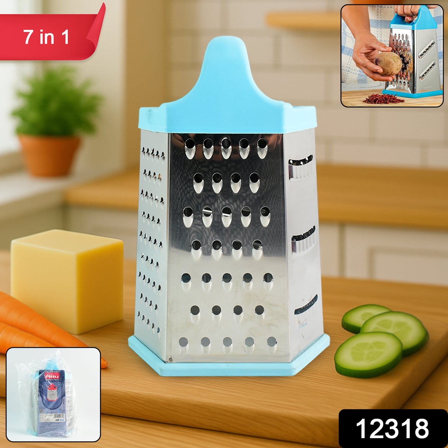 Wukusy Ritu heavy-duty 7-in-1 stainless steel multipurpose hexagonal grater for kitchen use with multiple grating surfaces.