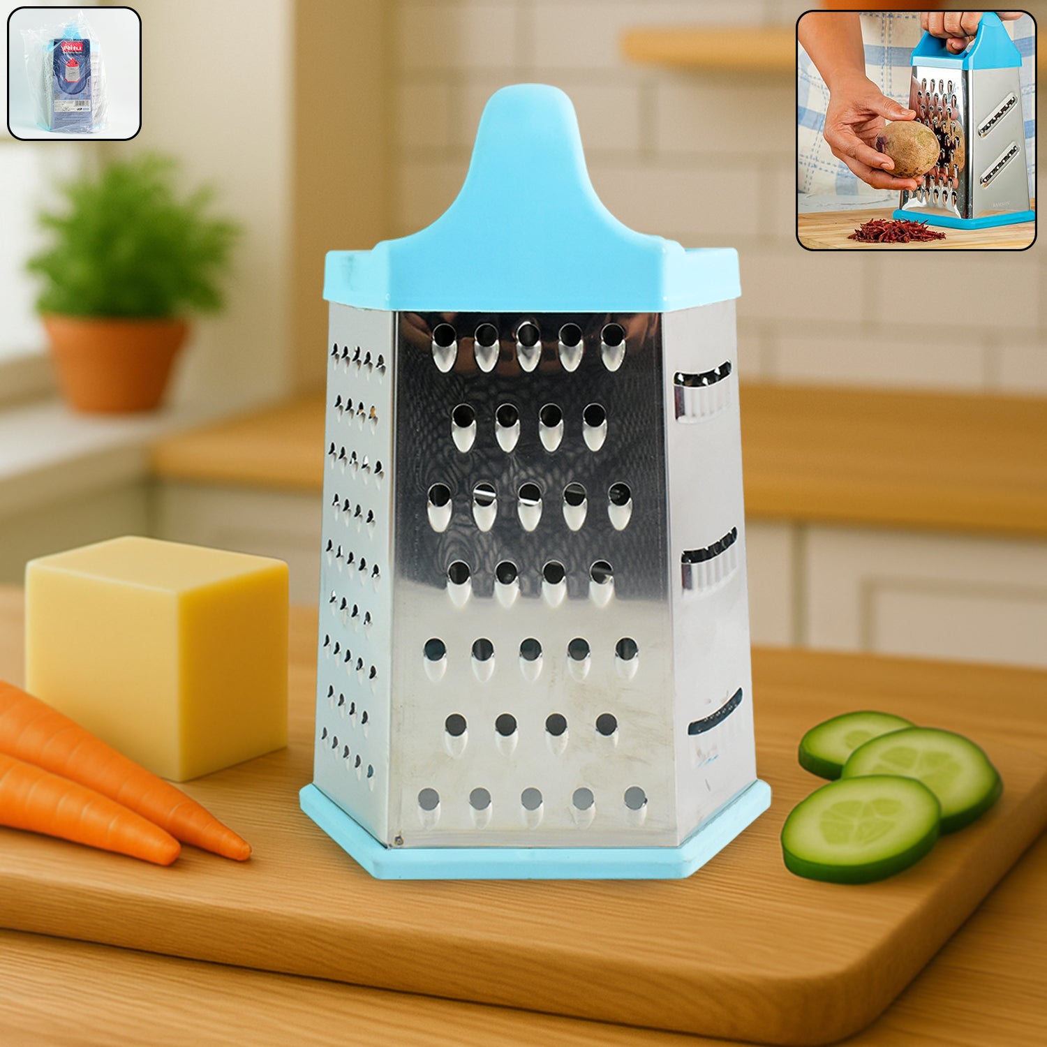 Wukusy Ritu heavy-duty 7-in-1 multipurpose stainless steel hexagonal grater for versatile kitchen grating tasks