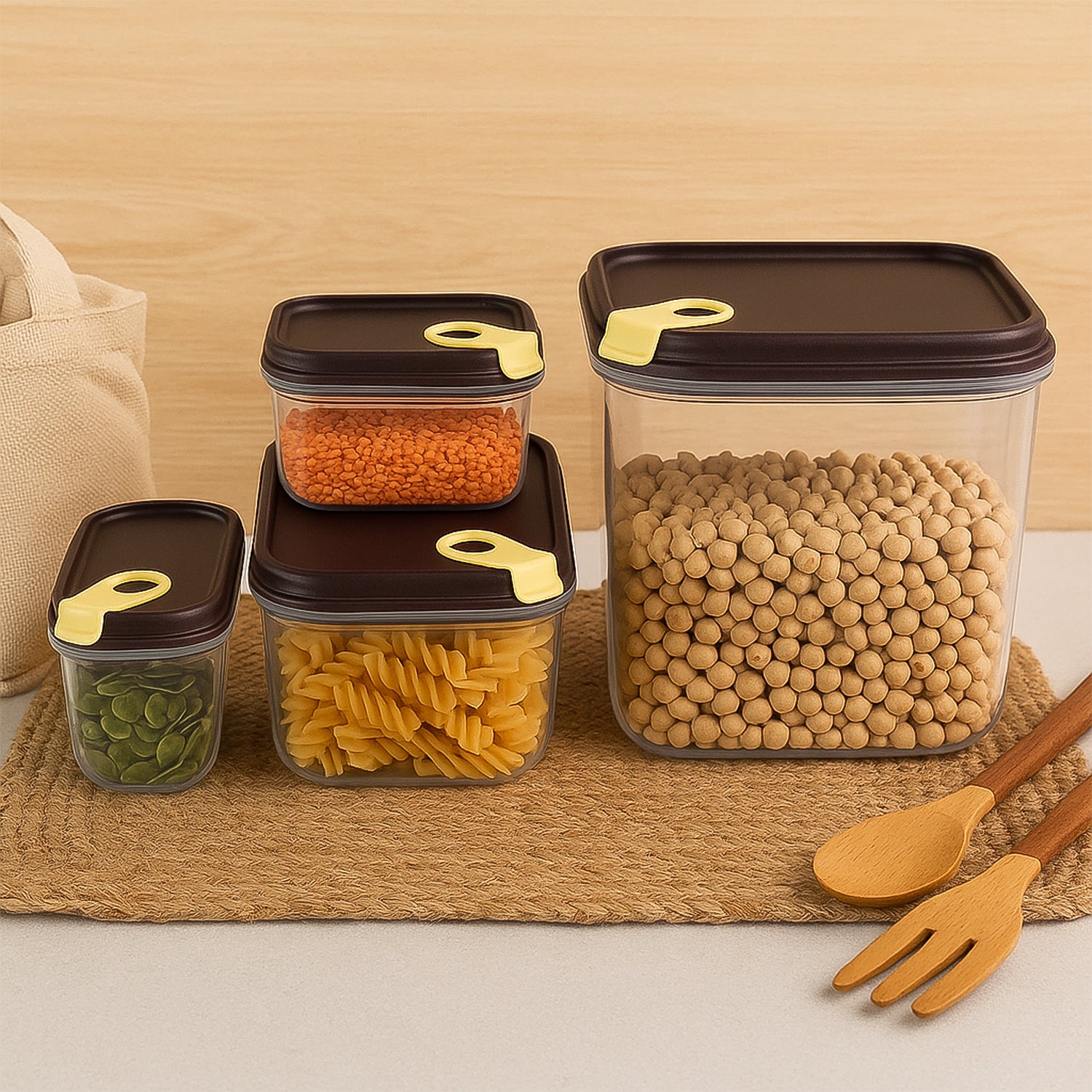 Wukusy Ritu Push N Lock airtight food storage container set with four clear, stackable containers for kitchen organization.