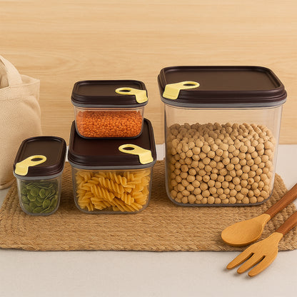 Wukusy Ritu Push N Lock airtight food storage container set with four clear, stackable containers for kitchen organization.