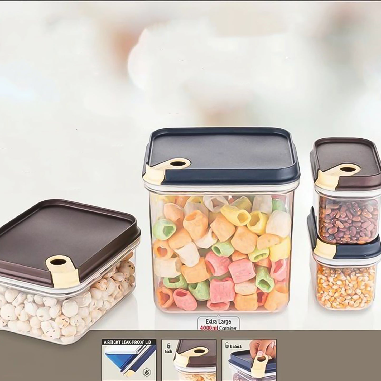 Set of four Wukusy Ritu Push N Lock airtight food storage containers for kitchen organization and freshness.