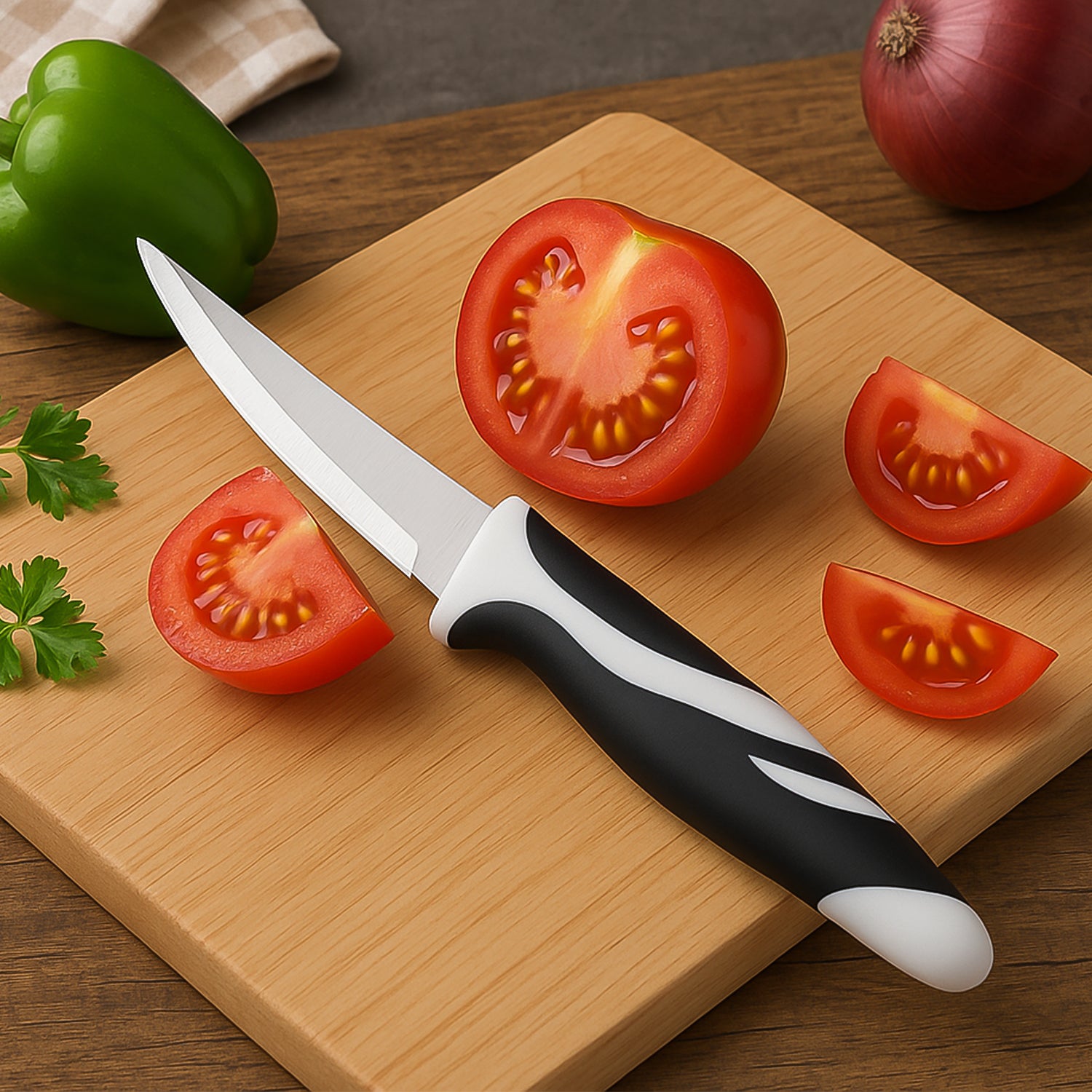 Wukusy Ritu Sharp stainless steel zebra kitchen knife with ergonomic handle, ideal for precise slicing and chopping in home kitchen.