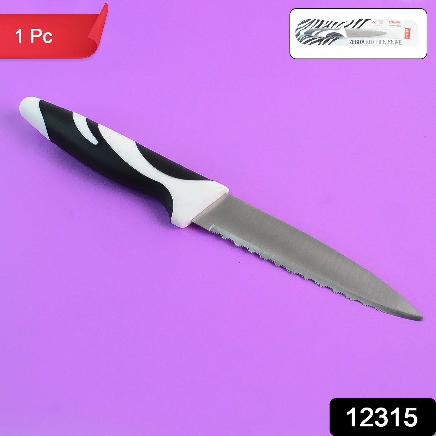 Wukusy Ritu stainless steel zebra kitchen knife with serrated blade for slicing and cutting in home and kitchen use.