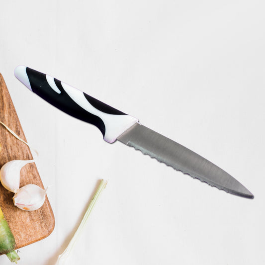 Wukusy Ritu stainless steel zebra kitchen knife with serrated blade, ideal for slicing fruits and bread in home and kitchen use.