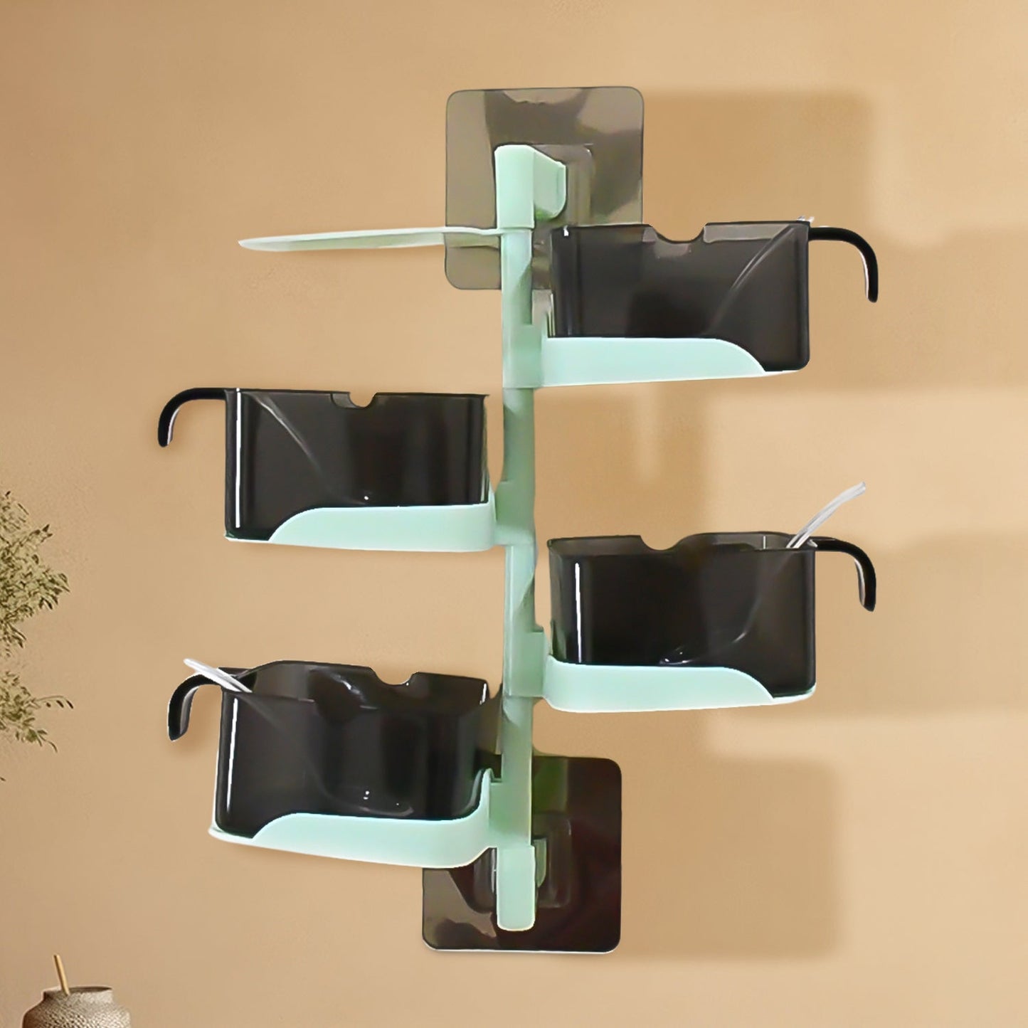 Wukusy rotating spice jars set with five vertical tiers, each with a spoon, for organized seasoning storage in the kitchen.