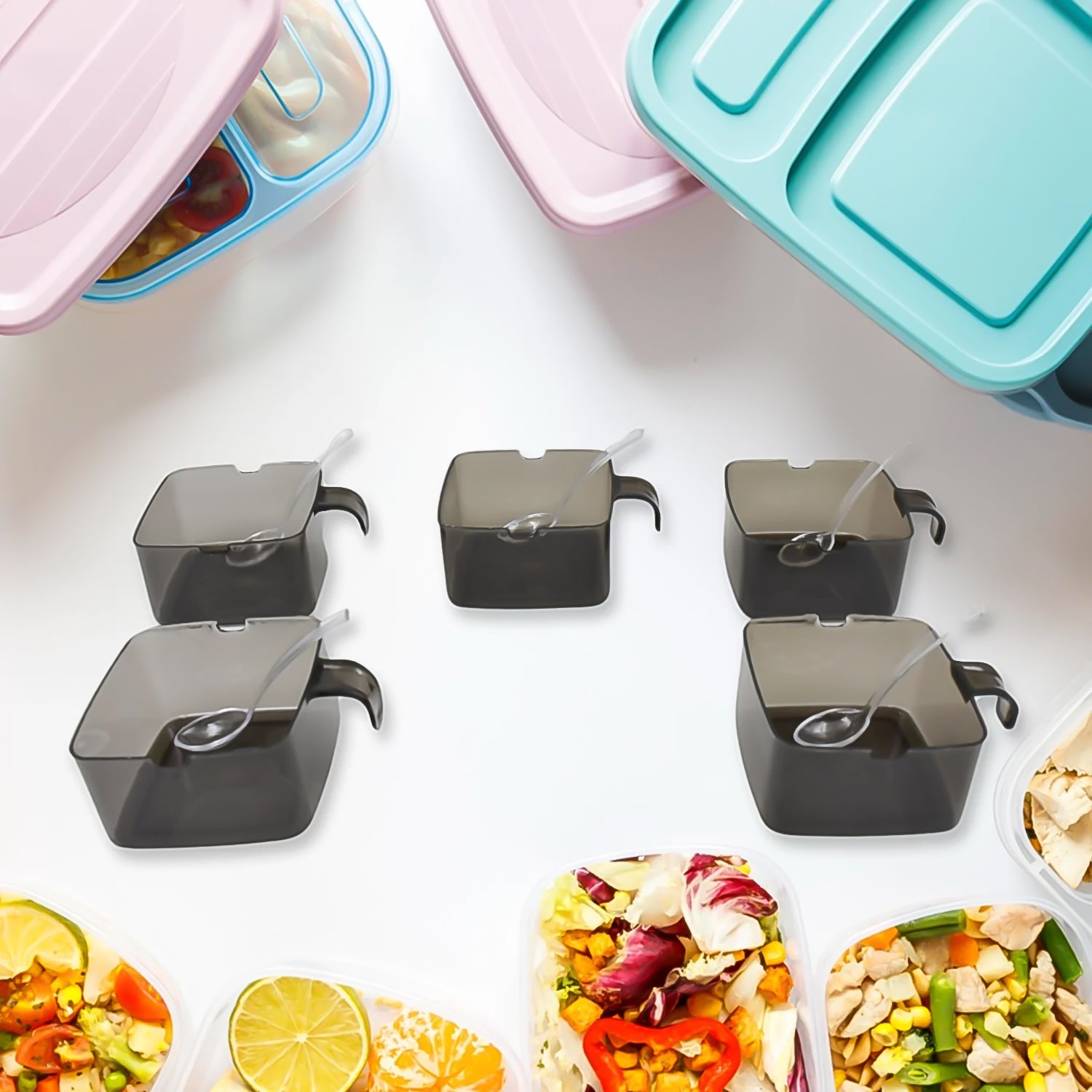 Wukusy rotating spice jars set with five vertical sections, each with a spoon, for organized kitchen seasoning storage.