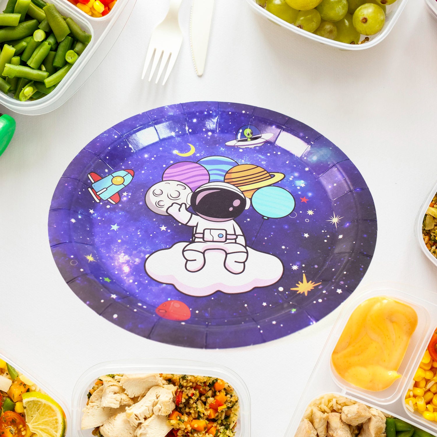Set of 10 disposable paper round plates with happy birthday and festive designs, perfect for celebrations and parties.