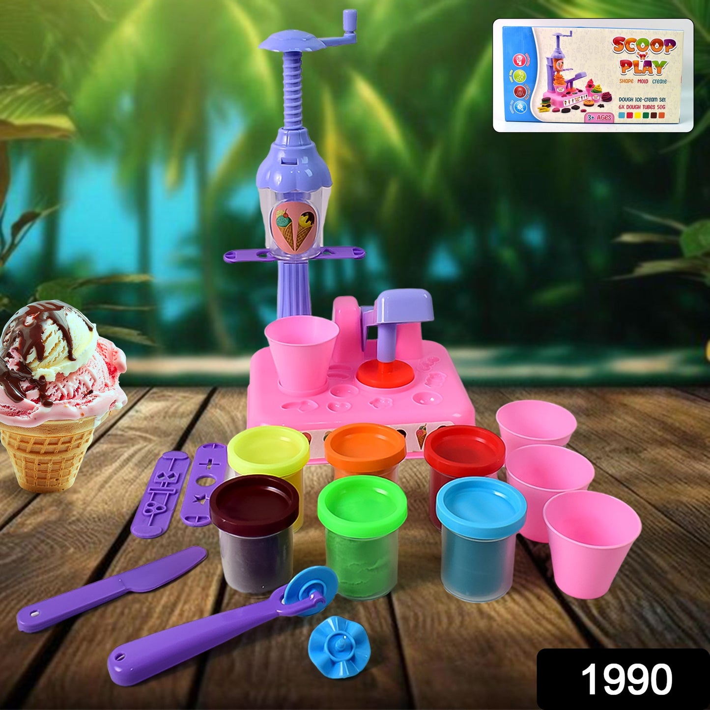 Wukusy Scoop and Play Set with colorful dough for kids, includes ice cream maker machine and 36-piece play toy set for imaginative fun.