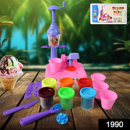 Wukusy Scoop and Play Set with colorful dough for kids, includes ice cream maker machine and 36-piece play toy set for imaginative fun.
