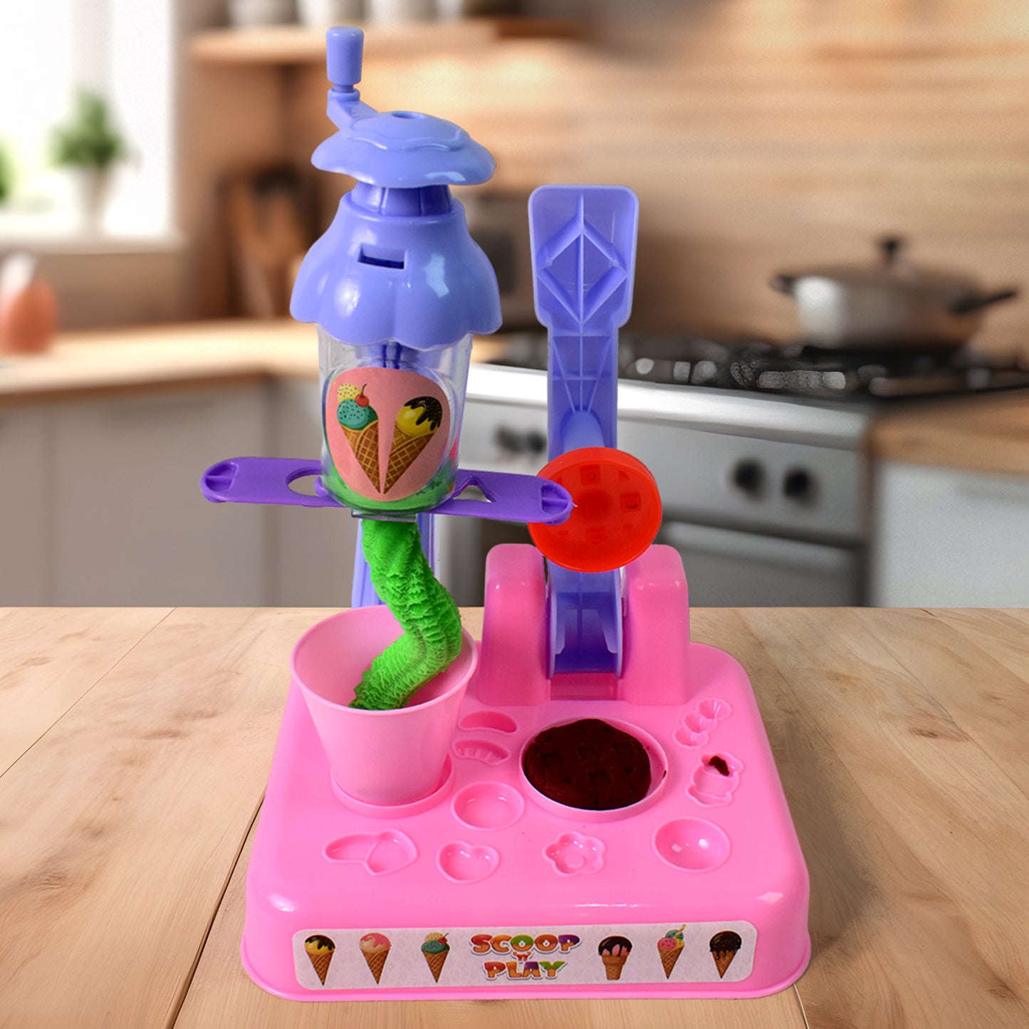 Wukusy Scoop and Play Set with colorful dough for kids, including ice cream maker toy and 36-piece play kitchen set.