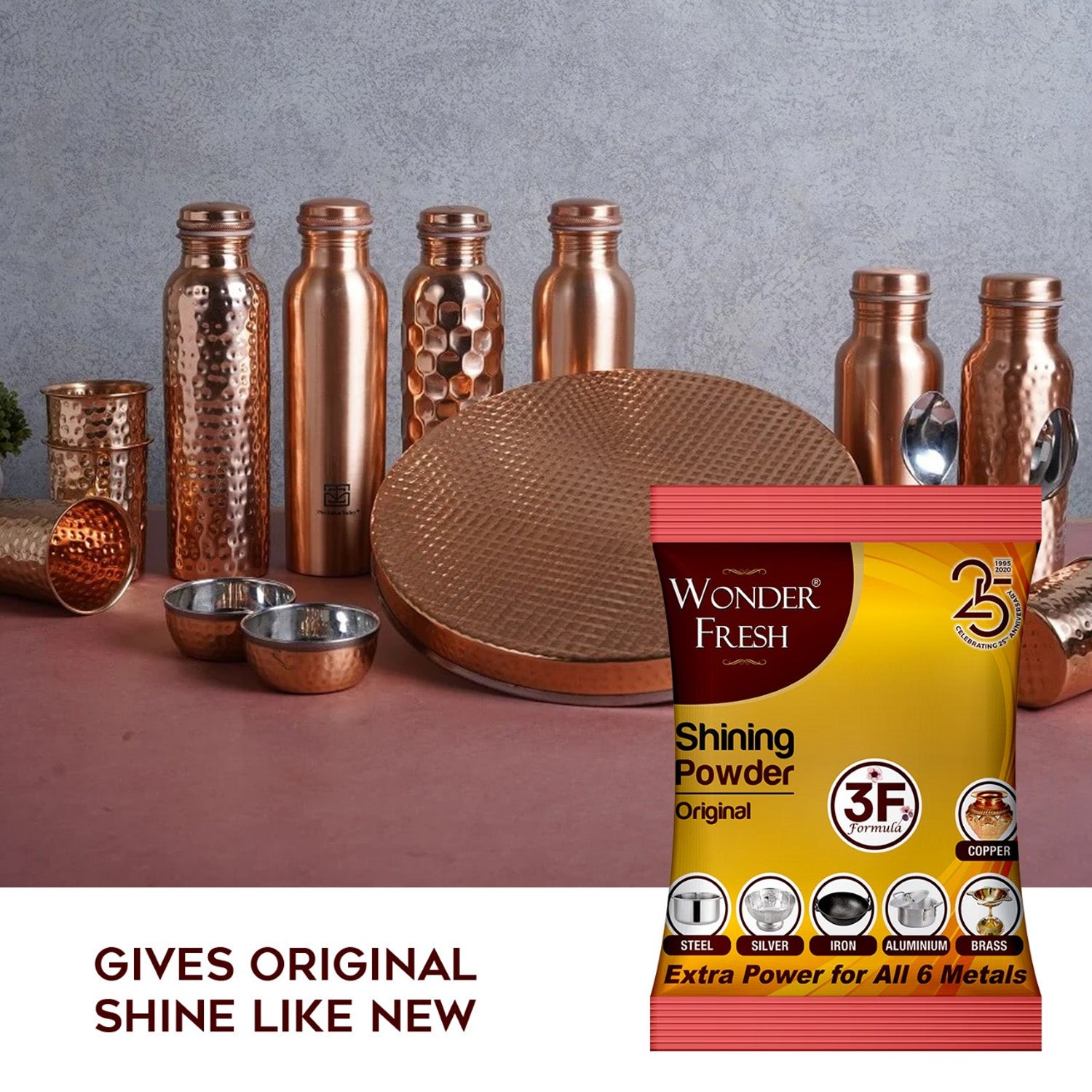 Wukusy Shining Powder cleans and polishes copper, brass, silver, aluminum, iron, and steel, removing tarnish and oxidation.