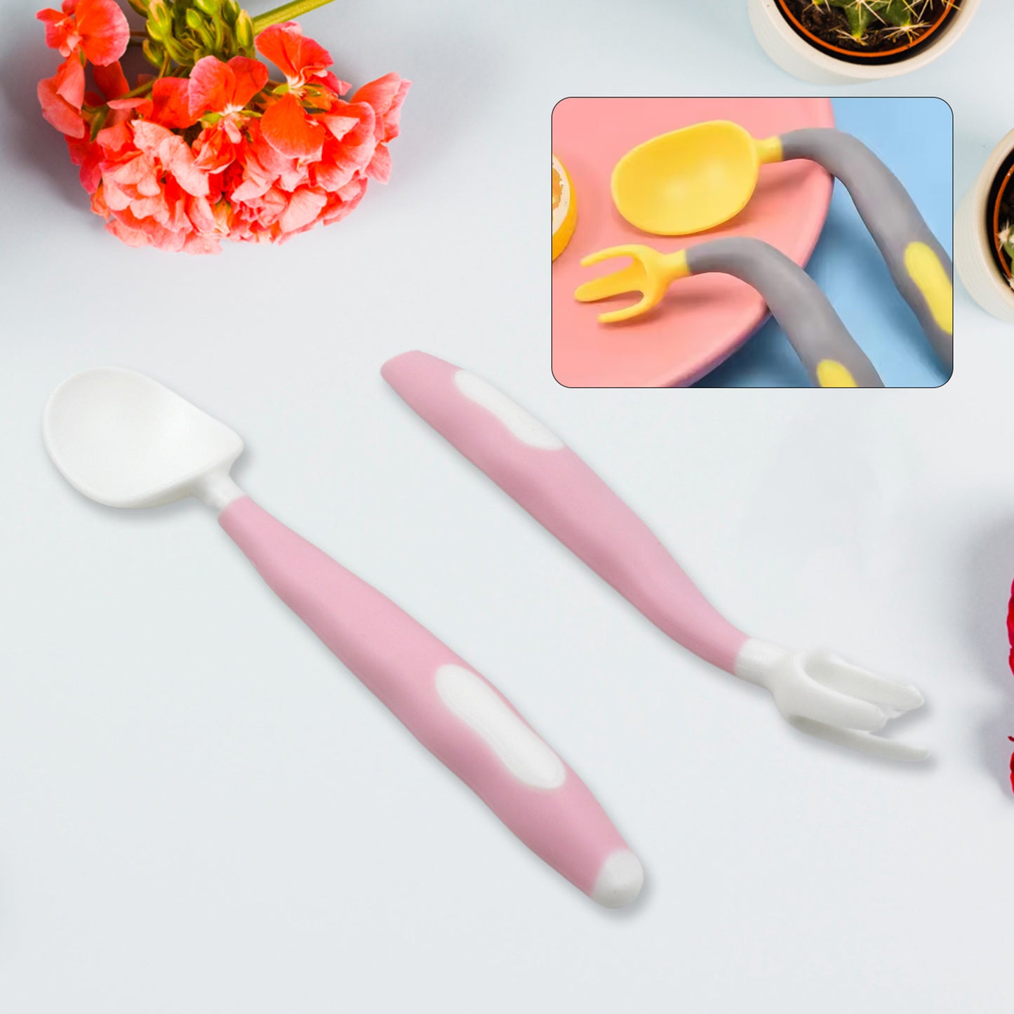 Wukusy silicone bendable kids feeding spoons and forks with travel case, toddler utensils for self-feeding and learning.