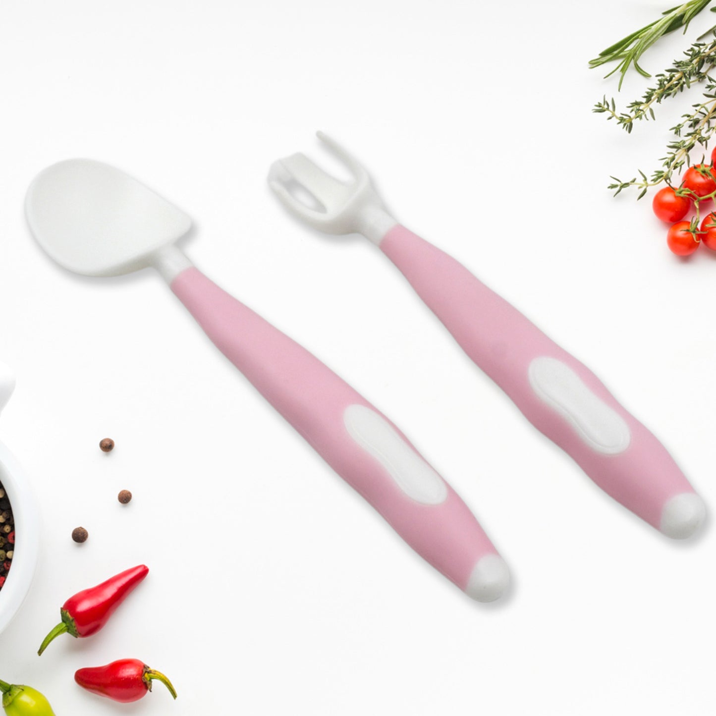 Wukusy silicone bendable kids feeding spoon and fork set with travel case, designed for toddler self-feeding and learning.