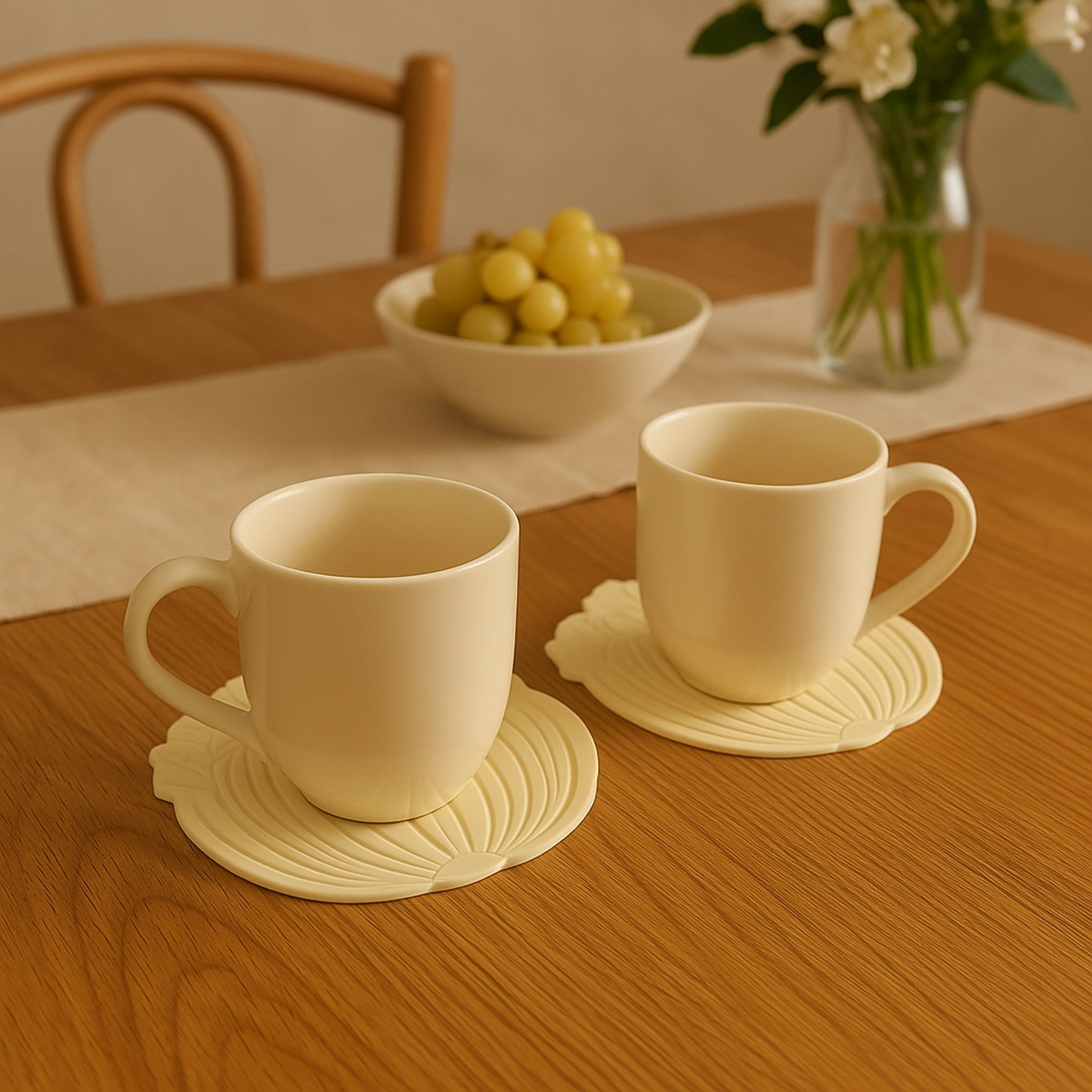 Wukusy silicone leaf design coaster set with two colorful leaf-shaped coasters for home and kitchen use.