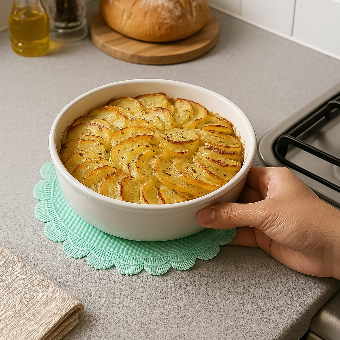 Two Wukusy silicone round heat-resistant mats for kitchen, ideal for protecting surfaces from hot cookware and bakeware.