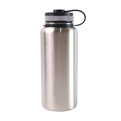 Silver Wukusy stainless steel double wall vacuum-insulated water bottle, 1000 ml, for hot and cold drinks in home and kitchen use.
